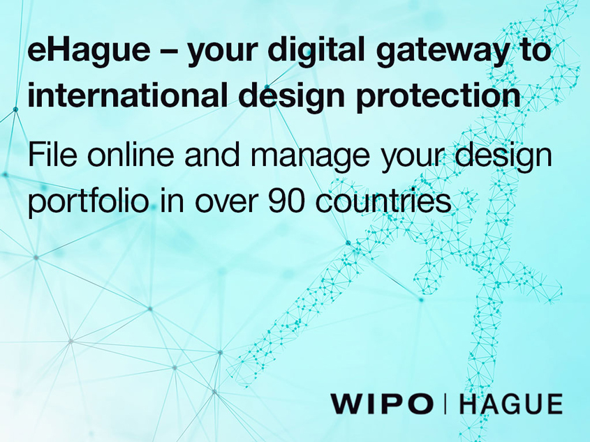 eHague promotional image featuring text eHague - Your digital gateway to international design protection