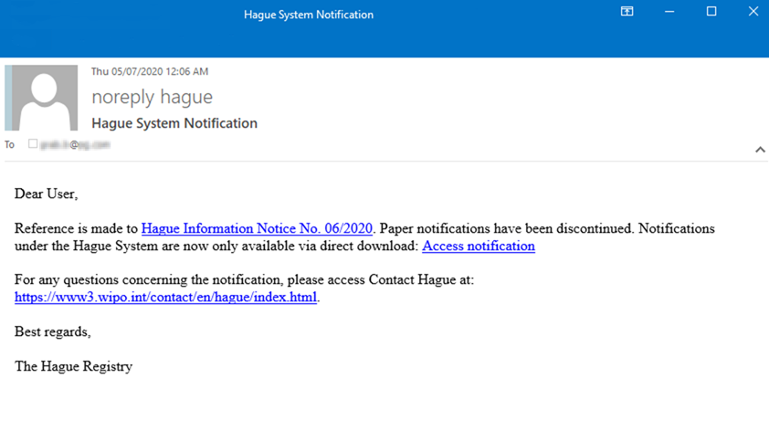Hague electronic notification, sample 2