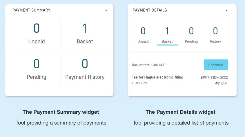 Screenshot showing the IP Portal payment-based widgets