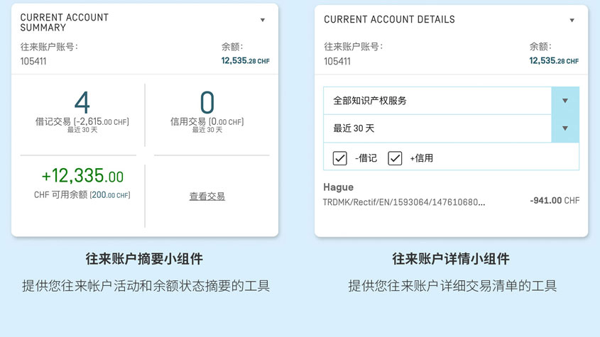 Screenshot showing the Current Account at WIPO widgets