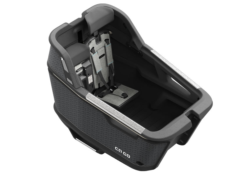 Photo of Ca Go’s cargo box showing integrated safety belt systems and adjustable headrests, safety rail and more.