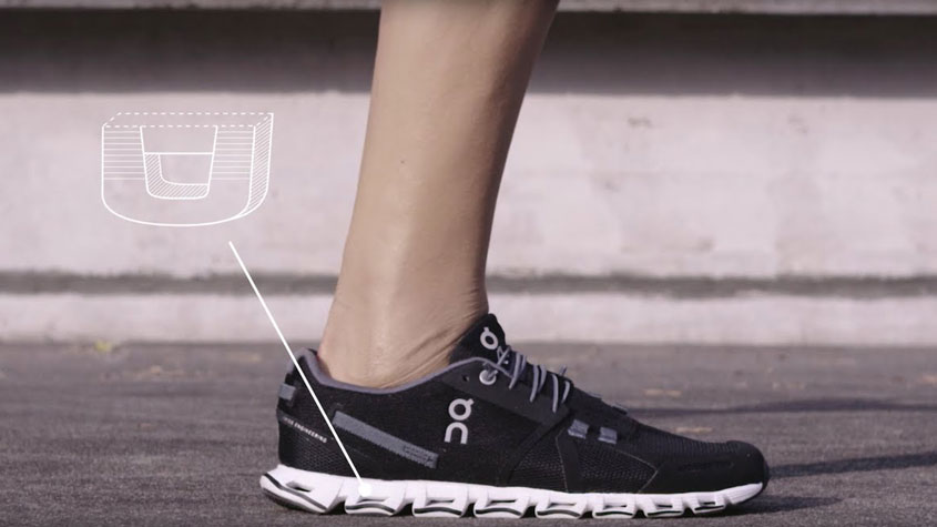 一张穿在跑步者脚上的On昂跑鞋的照片，有说明CloudTec®的图示