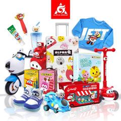 Photo of various Alpha Group products including shoes, toys and kids scooter