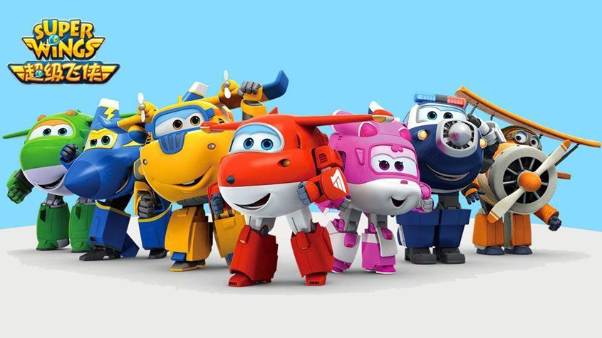 Image showing the seven characters of the kids' series Super Wings, shaped as planes with robotic legs and arms.