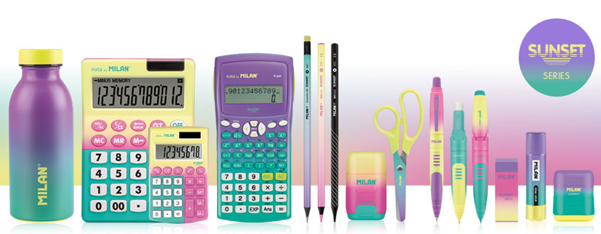 Différentes fournitures scolaires de la marque MILAN telles que des calculatrices, des crayons, des ciseaux et des gommes, appartenant toutes à la collection SUNSET.