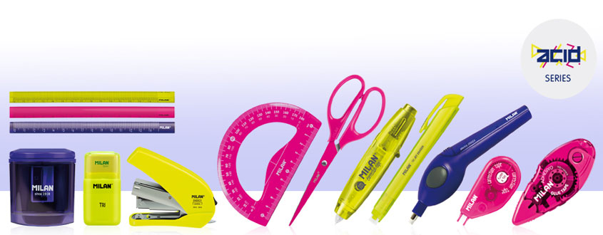 A selection of MILAN's Acid series products ranging from rulers and staplers to scissors and highlighters