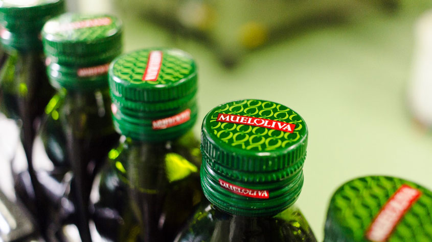 Close up of Mueloliva olive oil bottles