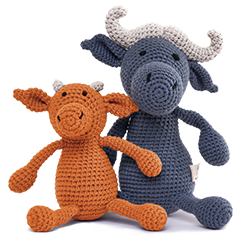 Beebee, an orange knitted baby water buffalo, and Bongo, a grey knitted water buffalo, who gave their name to the company Beebee+Bongo
