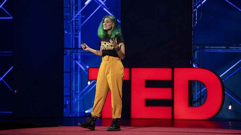 Micaela Mantegna delivering a TED talk in 2022 on “How to stop the metaverse from becoming the internet’s bad sequel