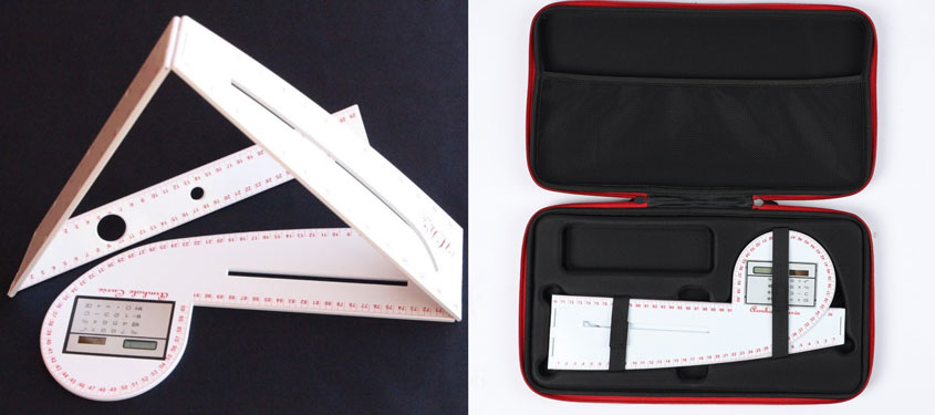 U-Dazzle ruler showing the double-jointed hinges, different rules types, built in calculator and carrying case