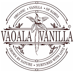 Round Vaoala Vanilla logo, black ink on white, showing a vanilla flower and vanilla beans over the name, and encircled with description: organic vanilla of Samoa, grown by nature, nurtured with love