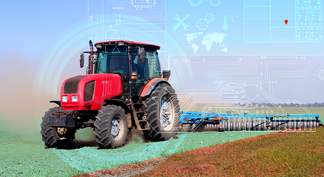 The concept of automatic control of a tractor in agriculture and its detection on the GPS map, technologies of the future to facilitate human work - stock photo