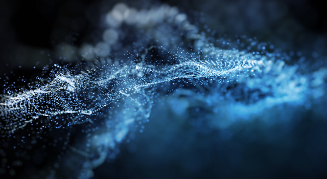 Abstract blue color digital particles wave form network with dust and light motion background. Modern technology and futuristics science concept. 3D illustration rendering - stock photo