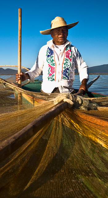 Fisherman with butterfly fishing net in a lake, Janitzio Island, Lake Patzcuaro, Patzcuaro, Michoacan State, Mexico