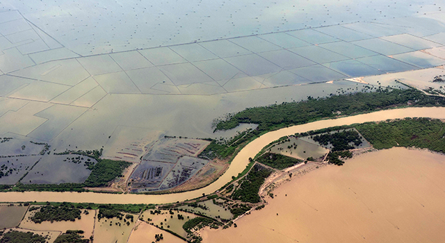 On descent into Jakarta airport, Indonesia, one can see an incredible watery landscape along the north coast of West Java province. During the height of the rainy season the entire coastal plain floods, inundating rice paddies during this seasonal growth cycle. The shallow ocean and coastal flats are converted to shrimp farm ponds making the actual coastline barely distinguishable. River channels are straightened as part of the intensive irrigation system to support rice farming. The small river eventually discharges into the Java Sea, mixing plumes of sediment-laden floodwaters with seawater.