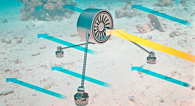 Renewable energy, tidal power. Ocean waves, current energy power. Waves energy converters. Turbine that stores the energy of sea currents. 3d rendering