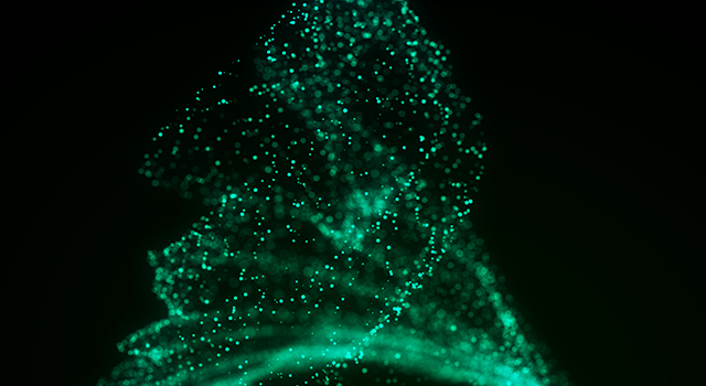 Abstract vortex particles background. Dynamic green wave moving in explosion. Wormhole shimmering star dust. 3d rendering.