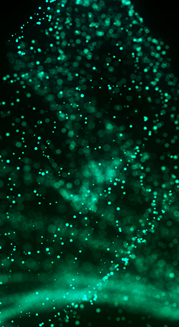 Abstract vortex particles background. Dynamic green wave moving in explosion. Wormhole shimmering star dust. 3d rendering.