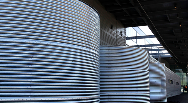 Three large water tanks will collect rain water from the roof of the new cruise ship terminal at Pier 27 in San Francisco, Calif. Workers were putting the finishing touches on the terminal on Friday, Feb. 22, 2013 before next Tuesday's ribbon cutting ceremony. (Photo By Paul Chinn/The San Francisco Chronicle via Getty Images)