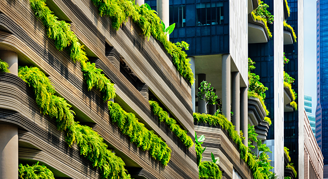 Architecture with green plants terraces in Singapore city