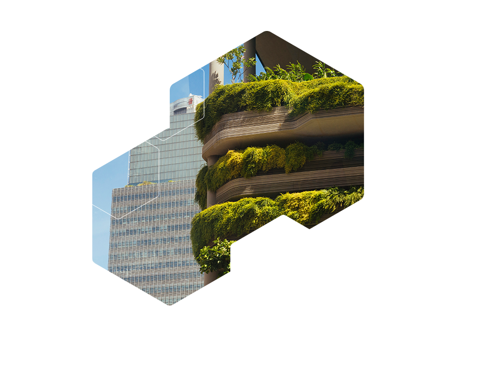 City high rise apartment building with lush vertical garden.