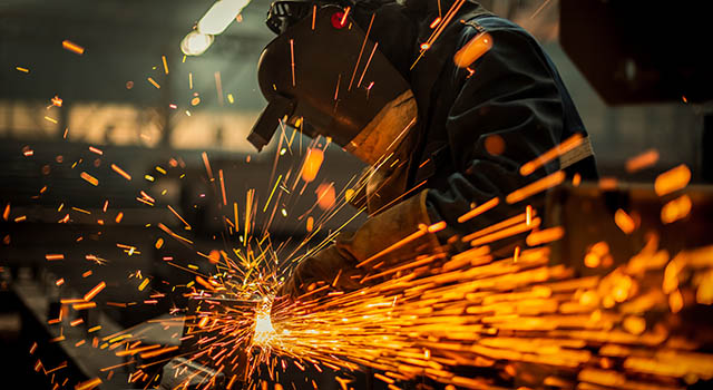 Metal worker using a grinder