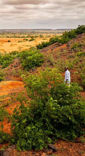 African man taking a walk on stony slopes and sand dunes in the Sahel with green vegetation refreshed during summer rainy season under a cloudy sky outside Niamey capital of Niger