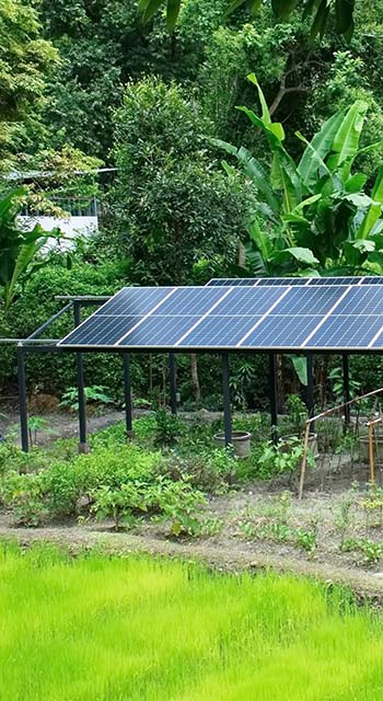 Solar cell roof in the garden background. Long solar panel roof for agriculture in the garden.