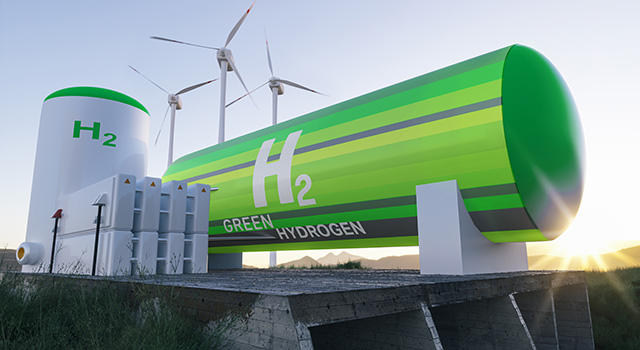 Green Hydrogen renewable energy production facility - green hydrogen gas for clean electricity solar and windturbine facility- virtual 3d rendering