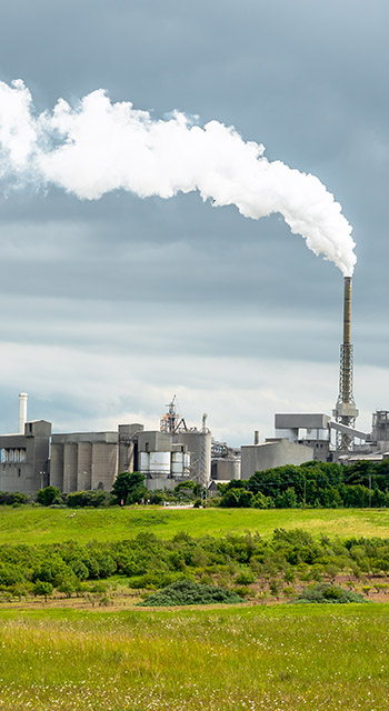 Cement factory with white smoke coming from a high chimney in the Scottish countryside on a cloudy summer day. A grassy field with sheep grazieng is visible in foreground. Dunbar, Scotland, UK: