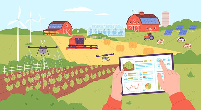 Smart farming management. Digital control agriculture and weather monitoring from internet tablet computer, drone iot technology farming equipments, garish vector illustration of agriculture farming