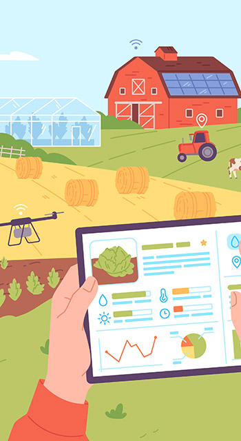 Smart farming management. Digital control agriculture and weather monitoring from internet tablet computer, drone iot technology farming equipments, garish vector illustration of agriculture farming
