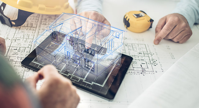 Architect and his client looking at the hologram of a house project over a tablet computer. The client is reviewing his future house layout Note to inspector: I am the author of the building project