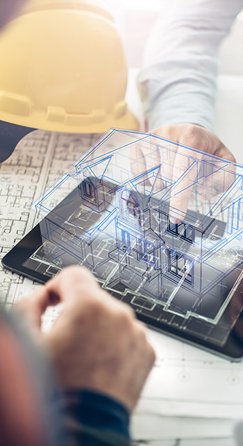 Architect and his client looking at the hologram of a house project over a tablet computer. The client is reviewing his future house layout Note to inspector: I am the author of the building project