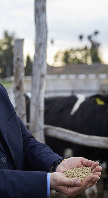 man holding cattle feed in his hands