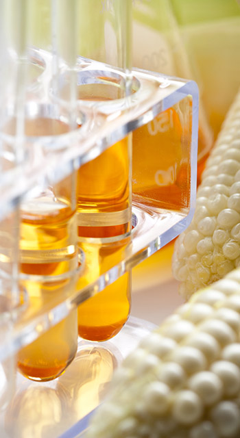 Corn and lab equipment. Concept for biofuel research.