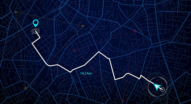 City map navigation interface. GPS navigator vector screen, street roads and location background. City map screen interface with road destination pin, compass and traffic route direction arrows
