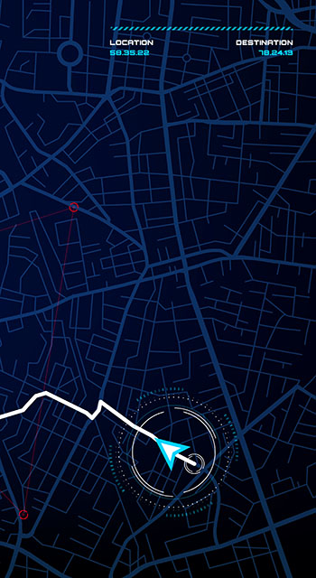 City map navigation interface. GPS navigator vector screen, street roads and location background. City map screen interface with road destination pin, compass and traffic route direction arrows
