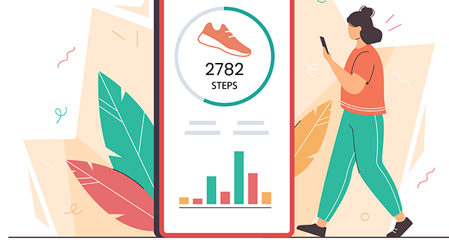 Flat woman using mobile for counting steps. Girl hold phone with pedometer or fitness tracker. Step counter app on smartphone. Track daily walking progress on device screen. Healthy lifestyle concept.