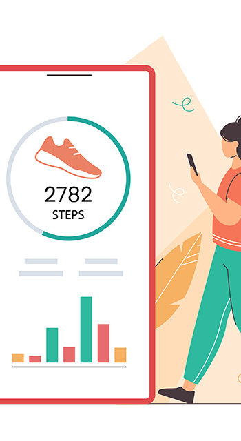 Flat woman using mobile for counting steps. Girl hold phone with pedometer or fitness tracker. Step counter app on smartphone. Track daily walking progress on device screen. Healthy lifestyle concept.