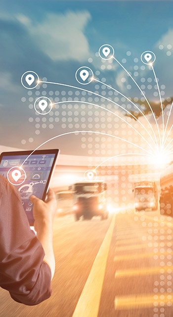 Transport and logistic concept, Manager and engineer checking and controlling logistic network distribution and data on tablet for logistic Import export on motorway background