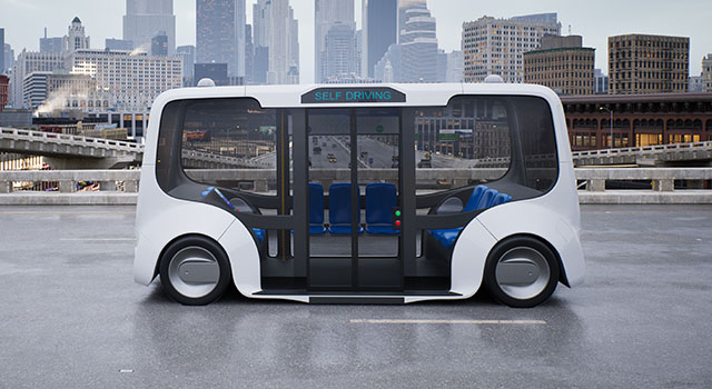 Autonomous electric bus self driving on street, Smart vehicle technology concept, 3d render