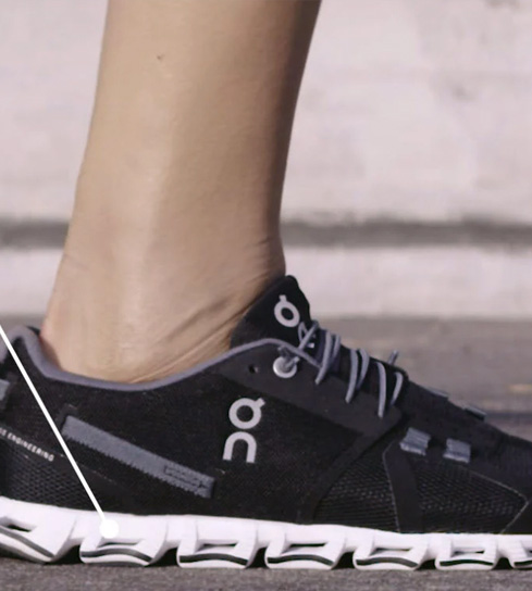 一张穿在跑步者脚上的On昂跑鞋的照片，有说明CloudTec®的图示