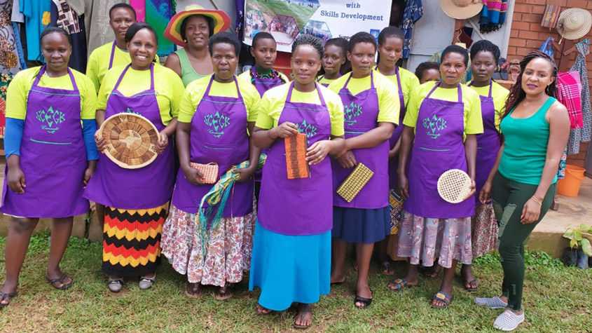 Since 2017, Charlotte Kazoora has been working with these Kalangala women, building their technical and business skills in basketry, tailoring, knitting and embroidery